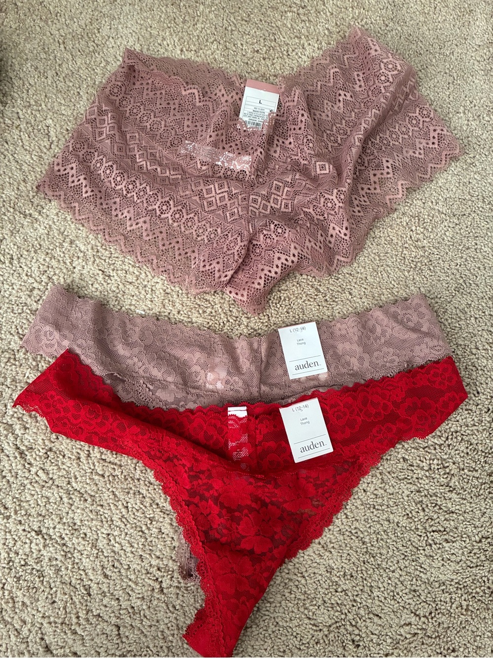 Auden Lace Panty Trio — Dusty Rose, Mauve, Red